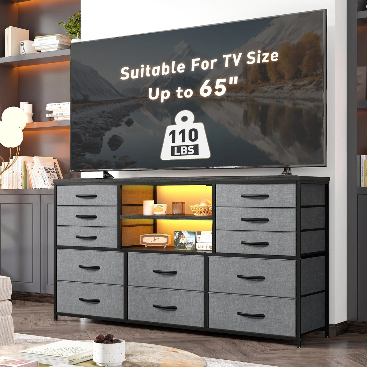 Black TV Stand with 12 Fabric Drawers A681