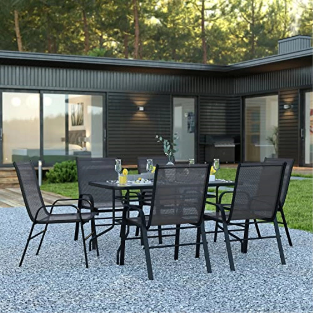 7-Piece Black Rippled Glass Patio Table Set with 6 Chairs O94948