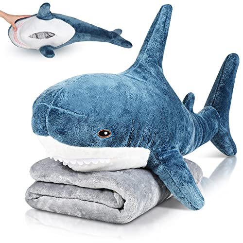 Dark Blue 2 in 1 Shark Plush Toy with Blanket 32 Inch O233