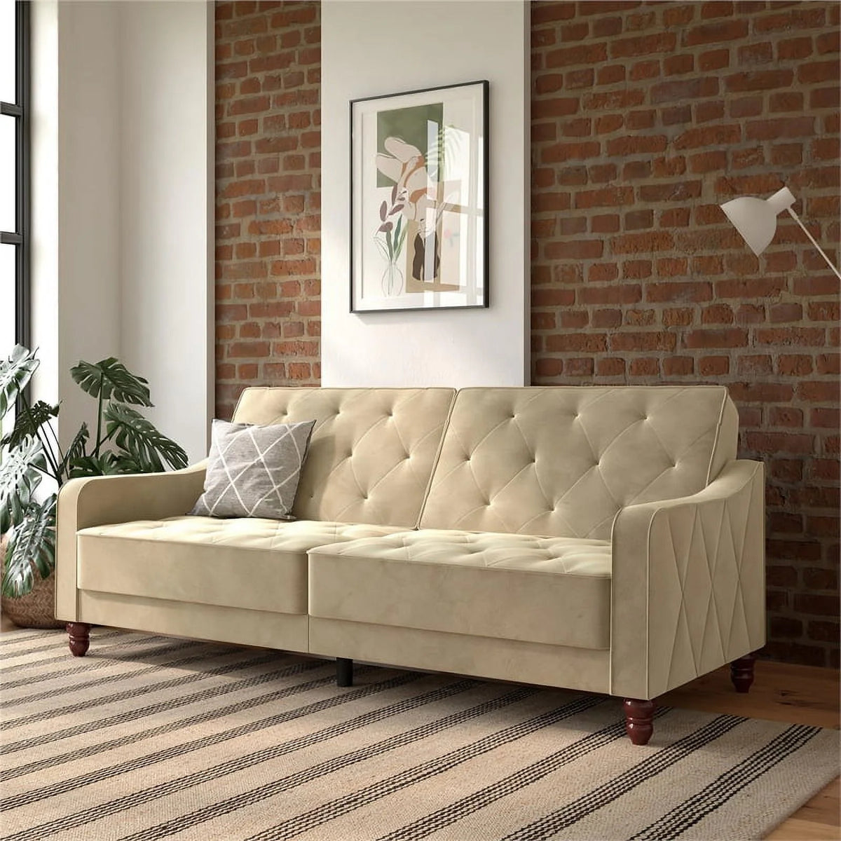 Vintage Tufted Split Back Futon in Taupe Velvet B75909