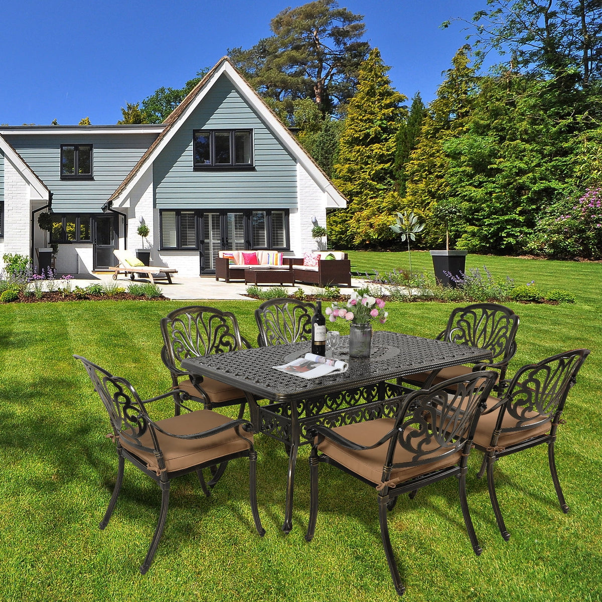 7 Piece Cast Aluminum Outdoor Dining Set with Cushioned Chairs Y11538