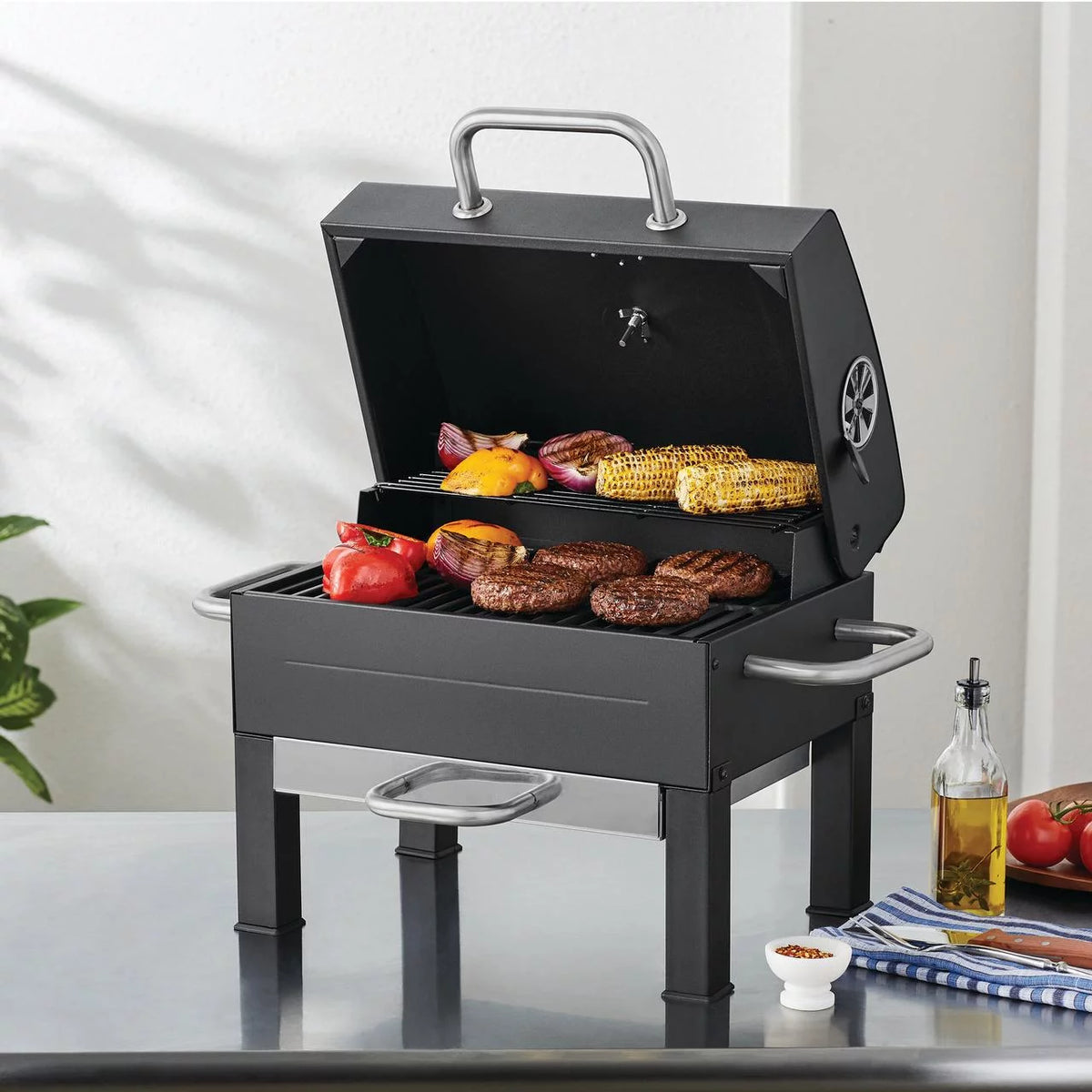 Portable Charcoal Grill, Black and Stainless Steel Z223773