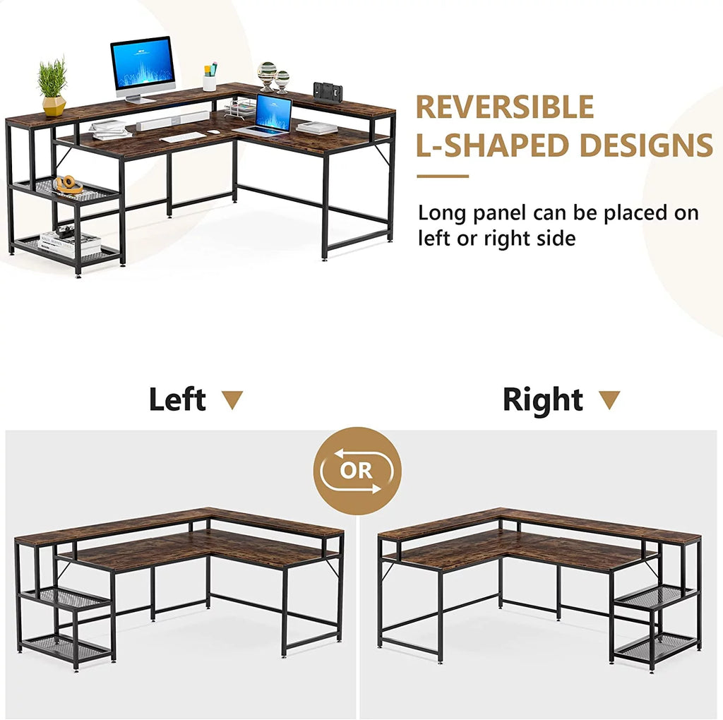 69" Reversible L Shaped Corner Computer Desk with Monitor Stand Z84010