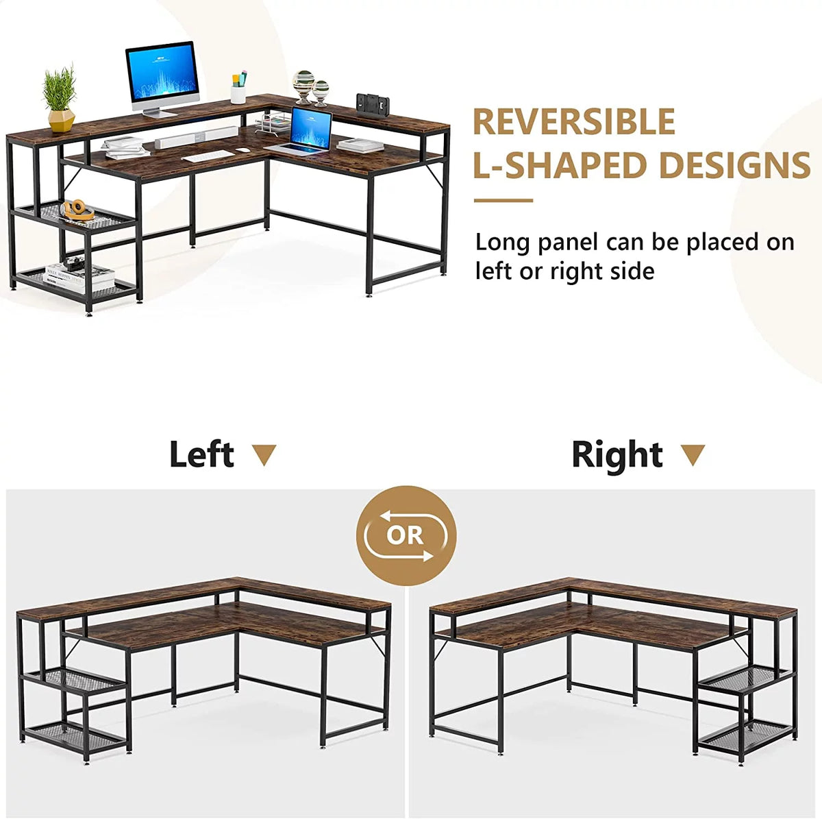 69" Reversible L Shaped Corner Computer Desk with Monitor Stand Z84010