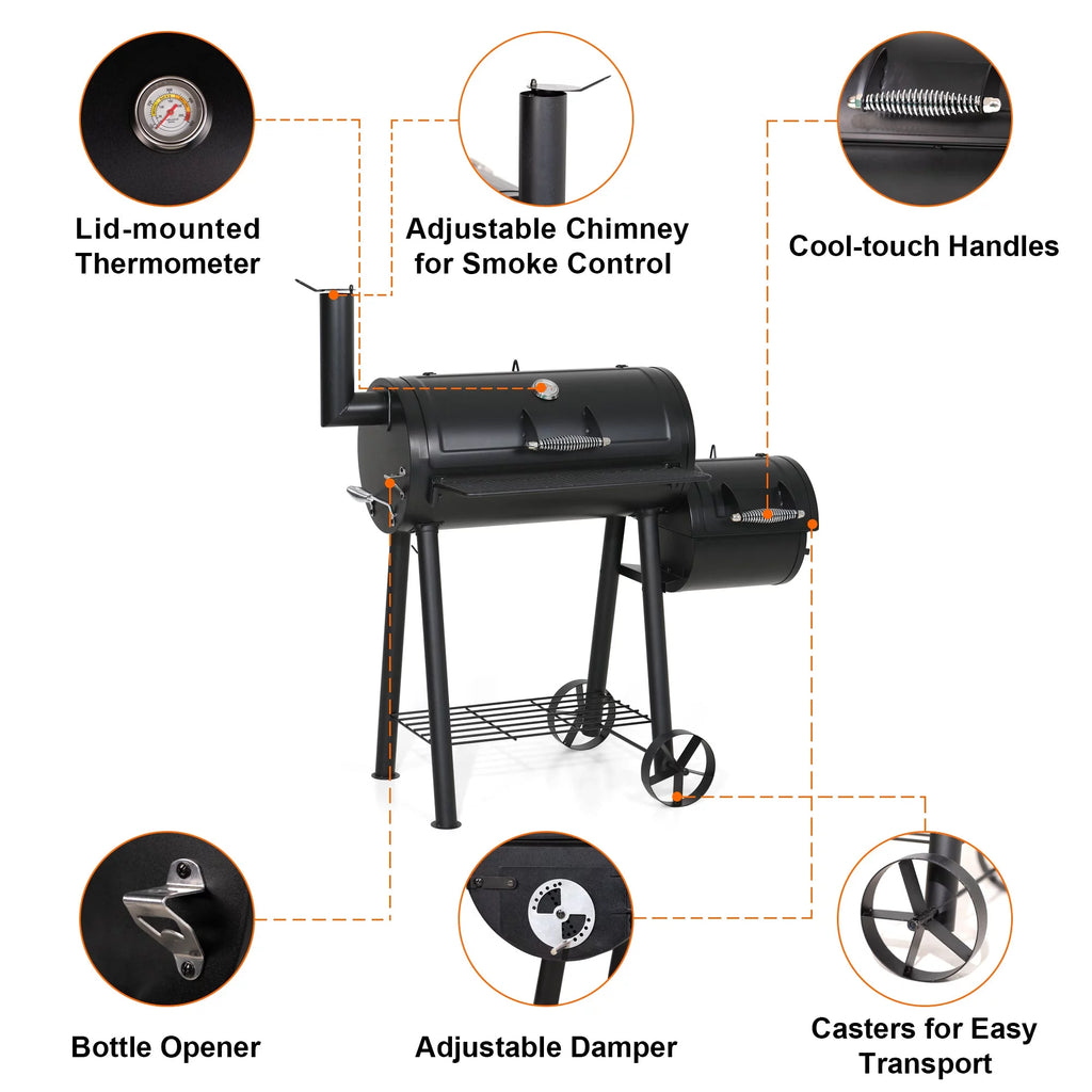 Steel BBQ Charcoal Grill with Offset Smoker in Black E8973