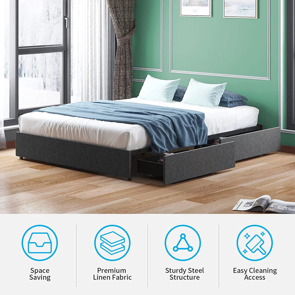 Cal King Size Platform Bed Frame with 4 Storage Drawers Cotton Linen Fabric Dark Grey K5516