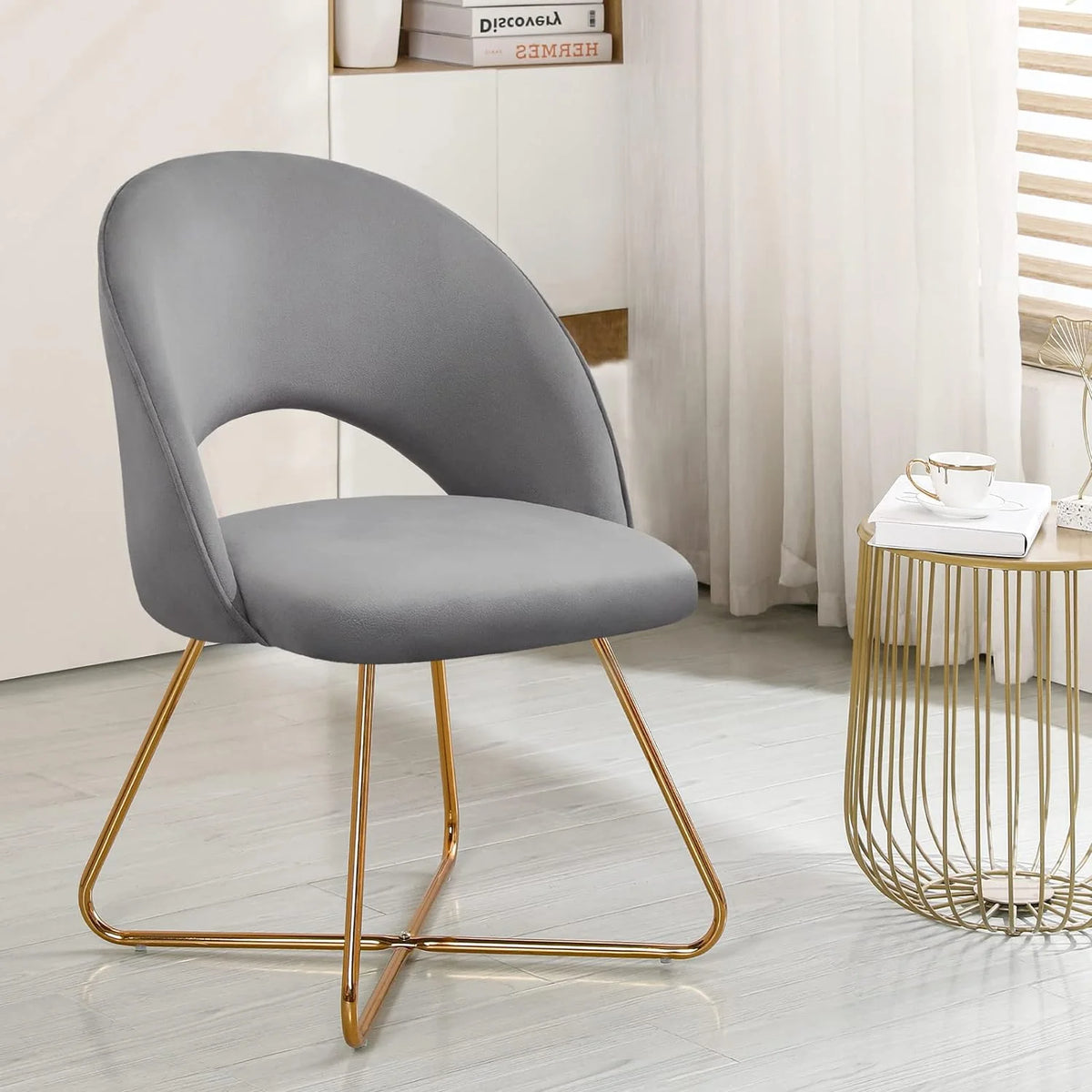Lightgrey Velvet Upholstered Vanity Chair with Metal Legs S596