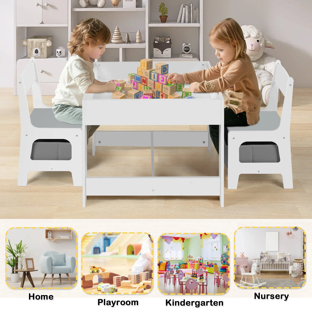 3 in 1 Kids Wood Table & 2 Chairs Set Grey Q352