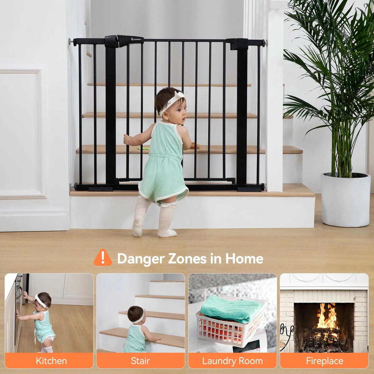 Baby Safety Gate, 29.5''- 40.5'' Wide Pressure Mount, Black Z797249