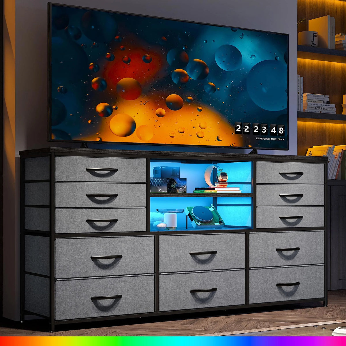 Black TV Stand with 12 Fabric Drawers A681