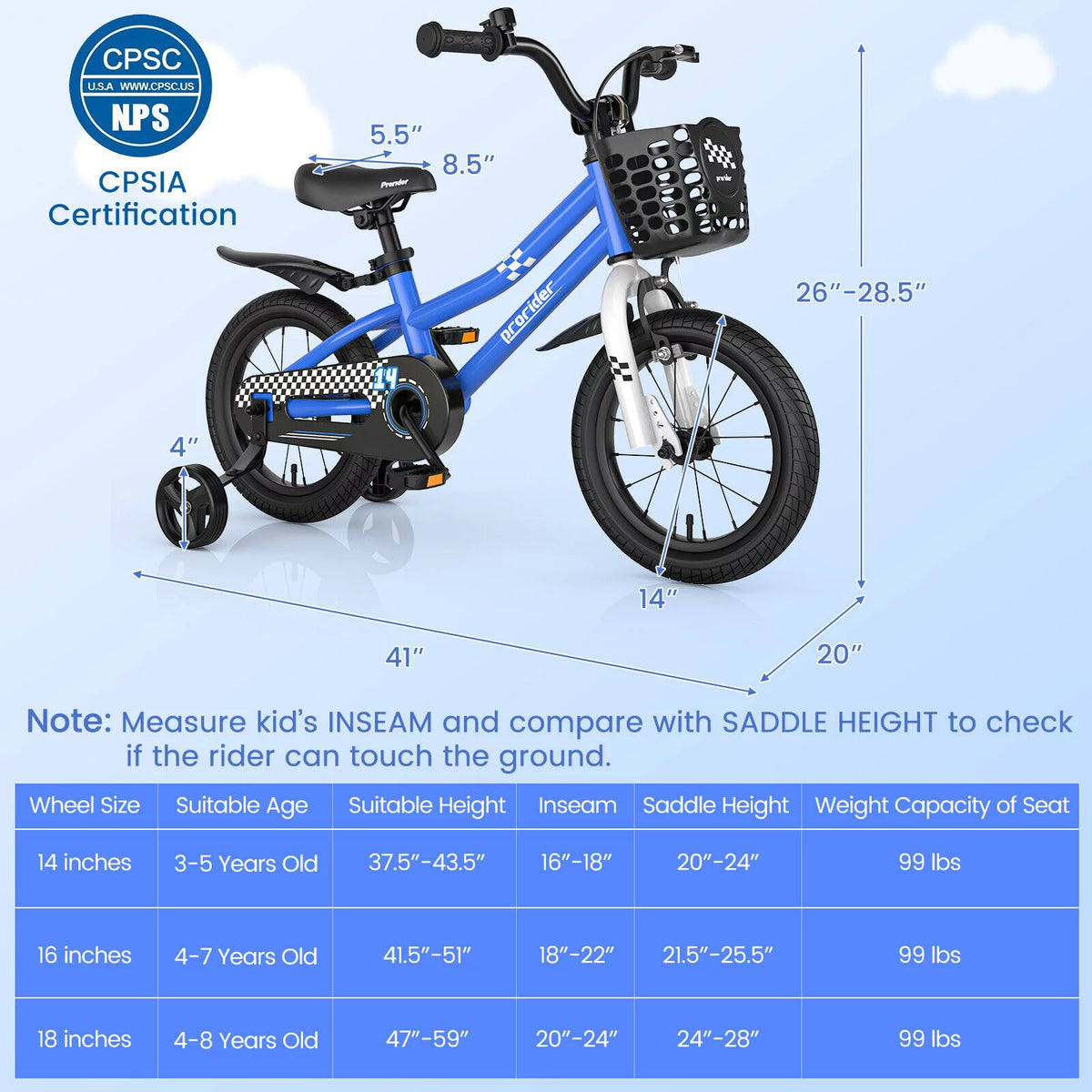 14 Kid's Bike with Training Wheels and Basket, Blue H608993