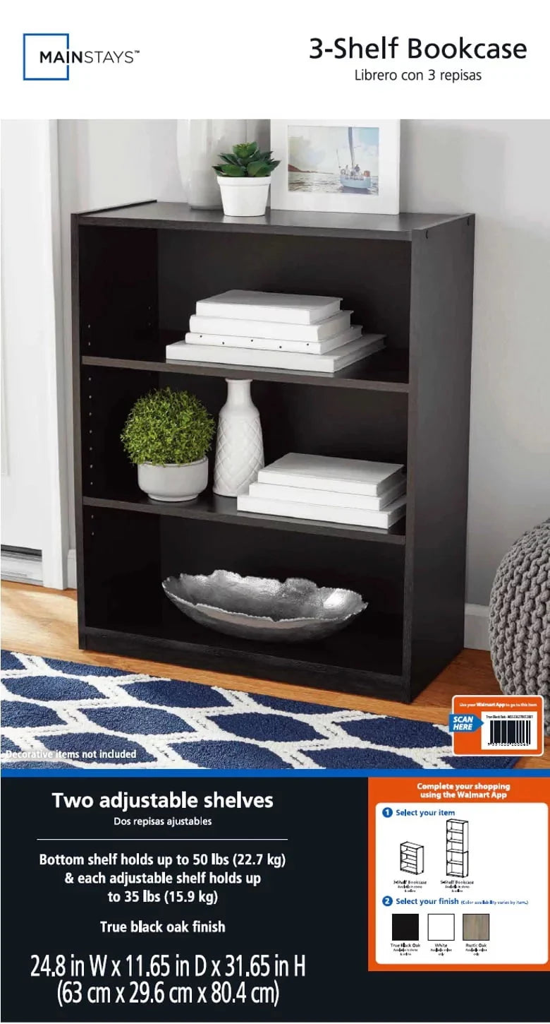 White 3-Shelf Bookcase with Adjustable Shelves I601431
