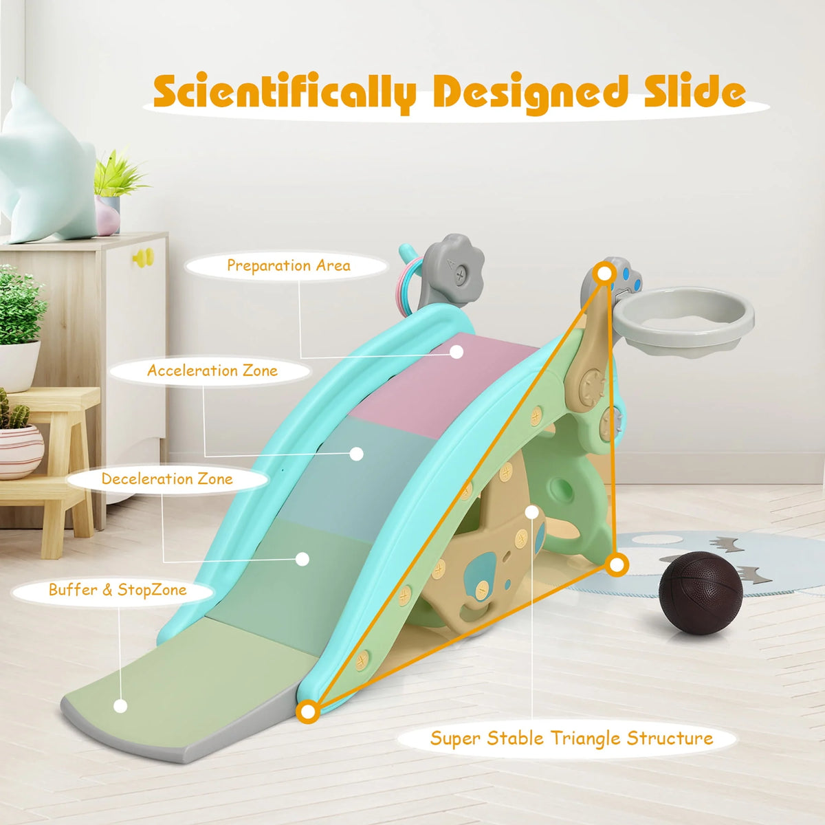 4-in-1 Toddler Slide Playset with Basketball Hoop J903
