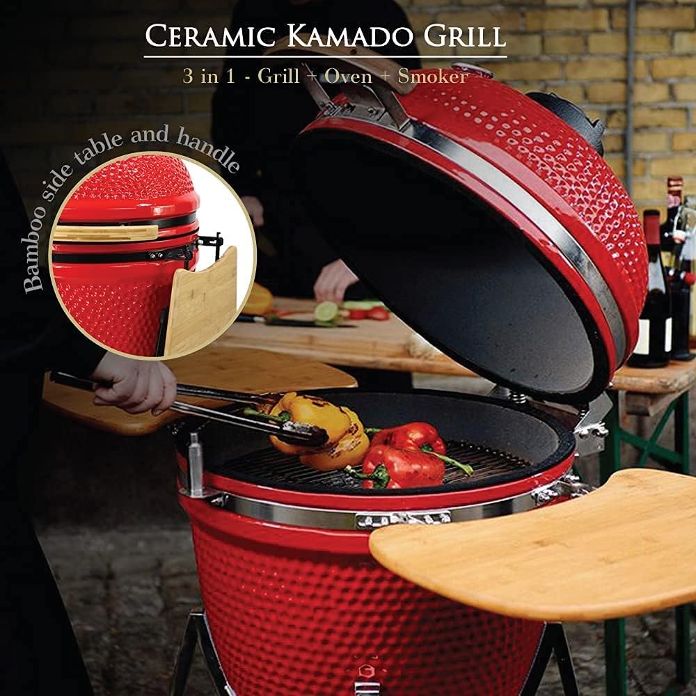 21” Large Ceramic Kamado Grill Cooker Oven Smoker with Trolley F150992