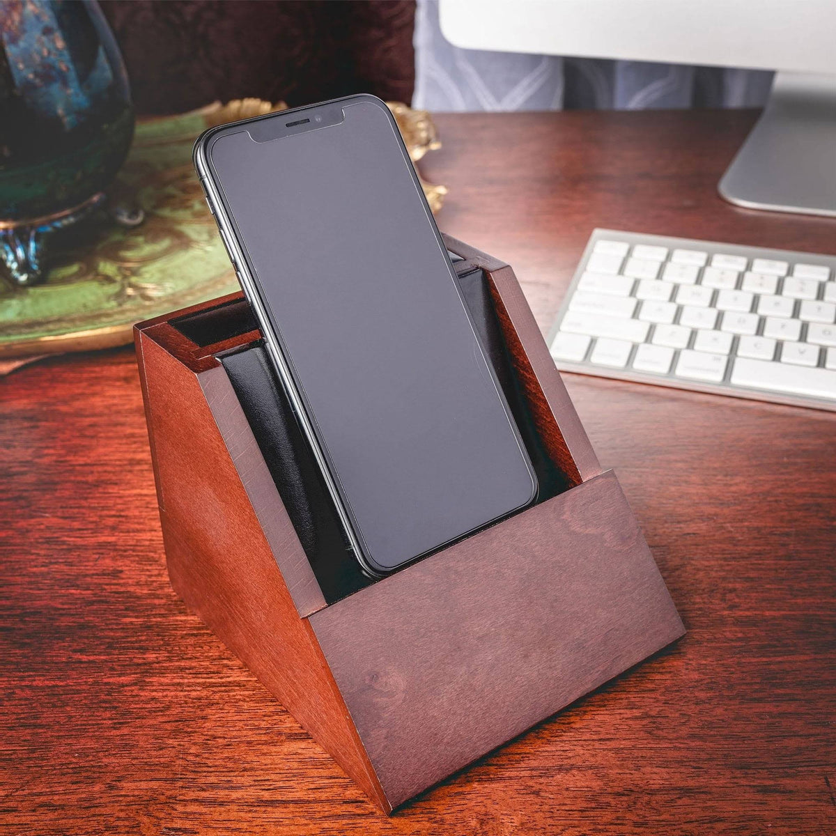 Walnut and Leather Desktop Cell Phone Holder W22688