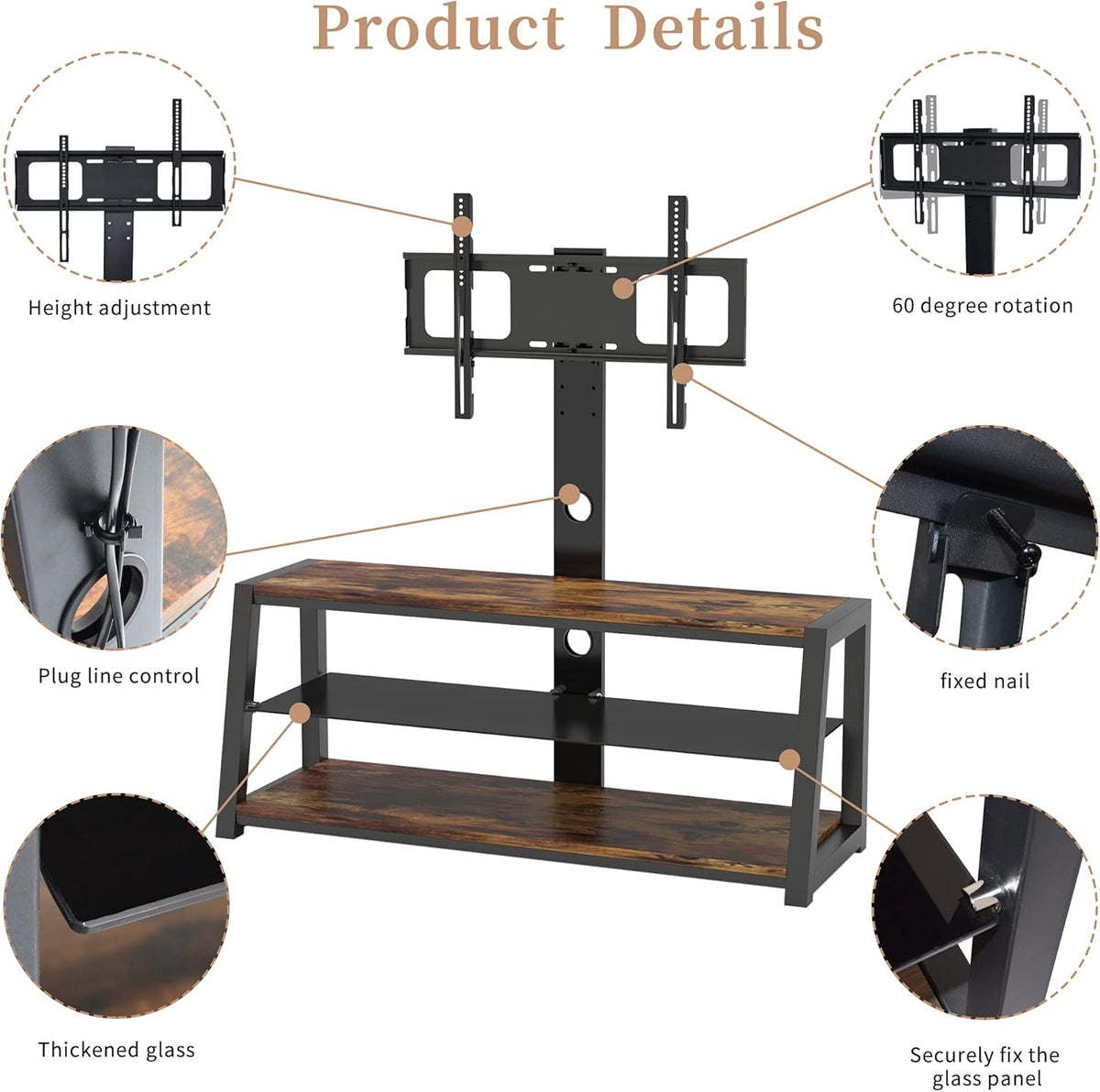 Angle and Height Adjustable Swivel TV Stand with Shelves R82929
