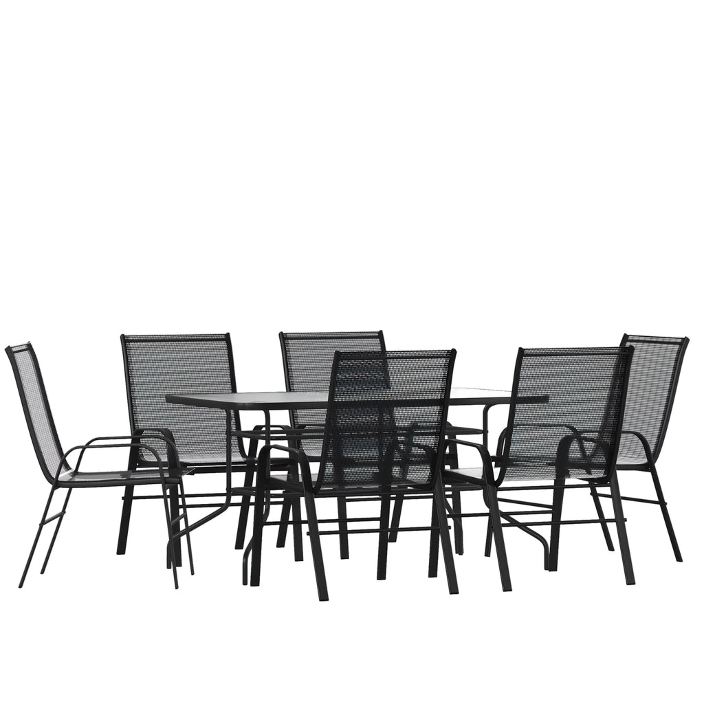 7-Piece Black Rippled Glass Patio Table Set with 6 Chairs O94948