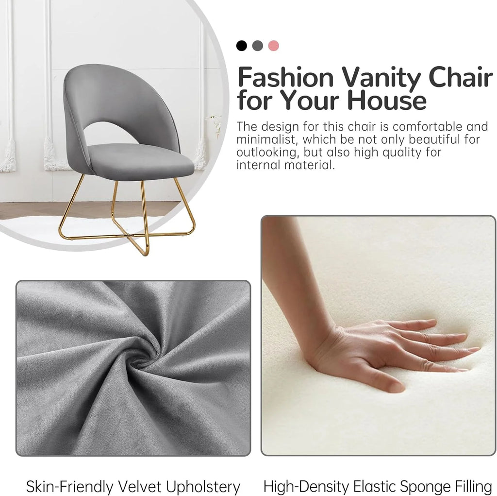 Lightgrey Velvet Upholstered Vanity Chair with Metal Legs S596