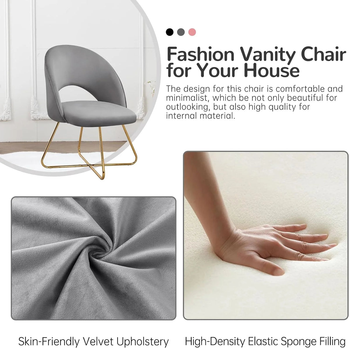 Lightgrey Velvet Upholstered Vanity Chair with Metal Legs S596