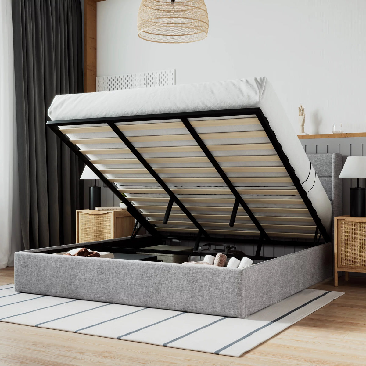 Grey King Size Lift Up Platform Bed Frame with Storage M55578