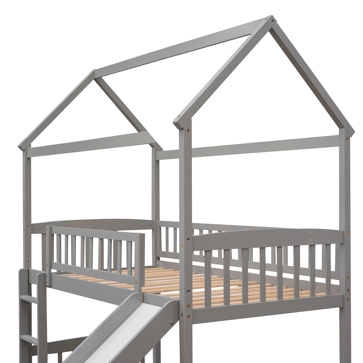 Gray Twin Wood Loft Bed with Slide and Ladder D7418