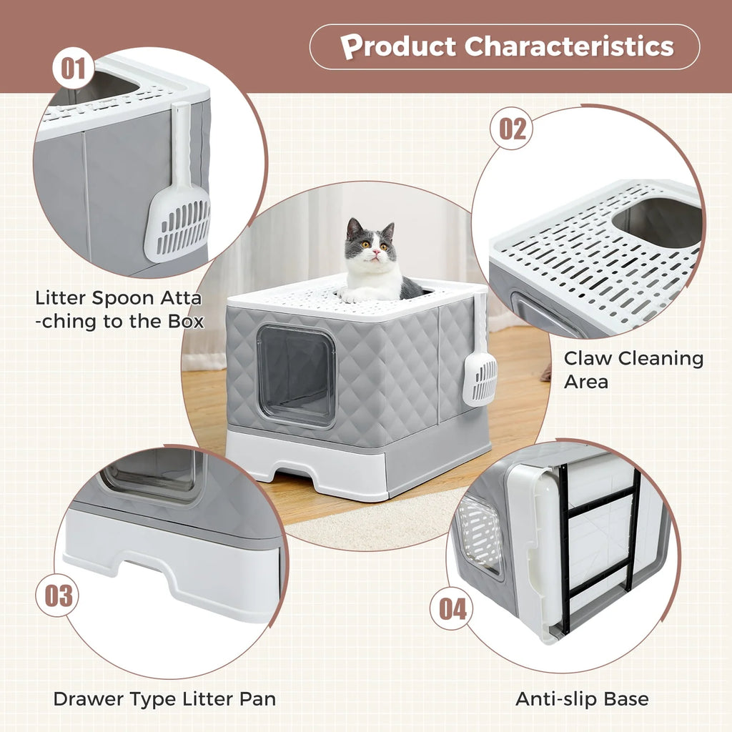 Enclosed Cat Litter Box with Lid Drawer Type Gray N2316