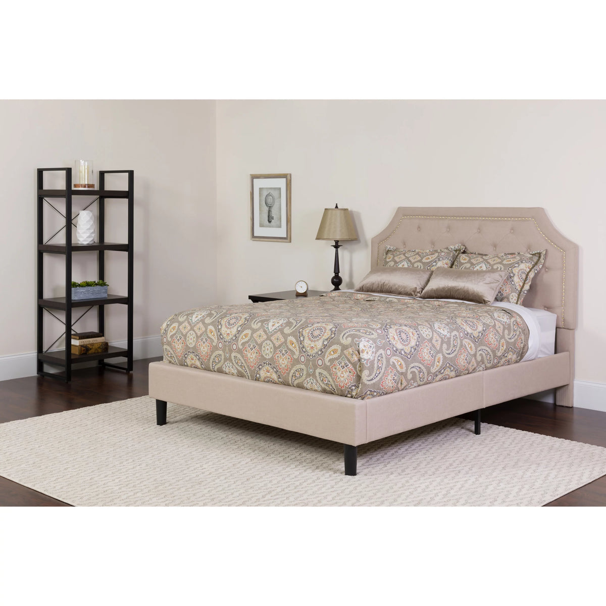 King Size Beige Fabric Upholstered Platform Bed with Memory Foam Mattress J4025