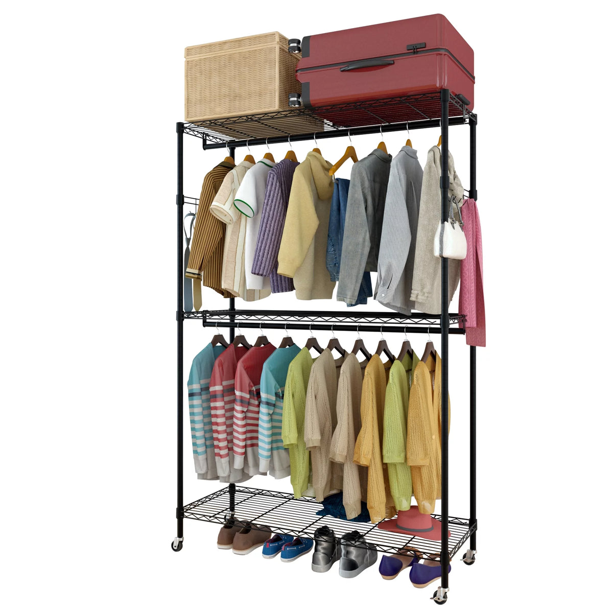 Black 2-Tier Rolling Garment Rack with Double Clothes Rod J91773