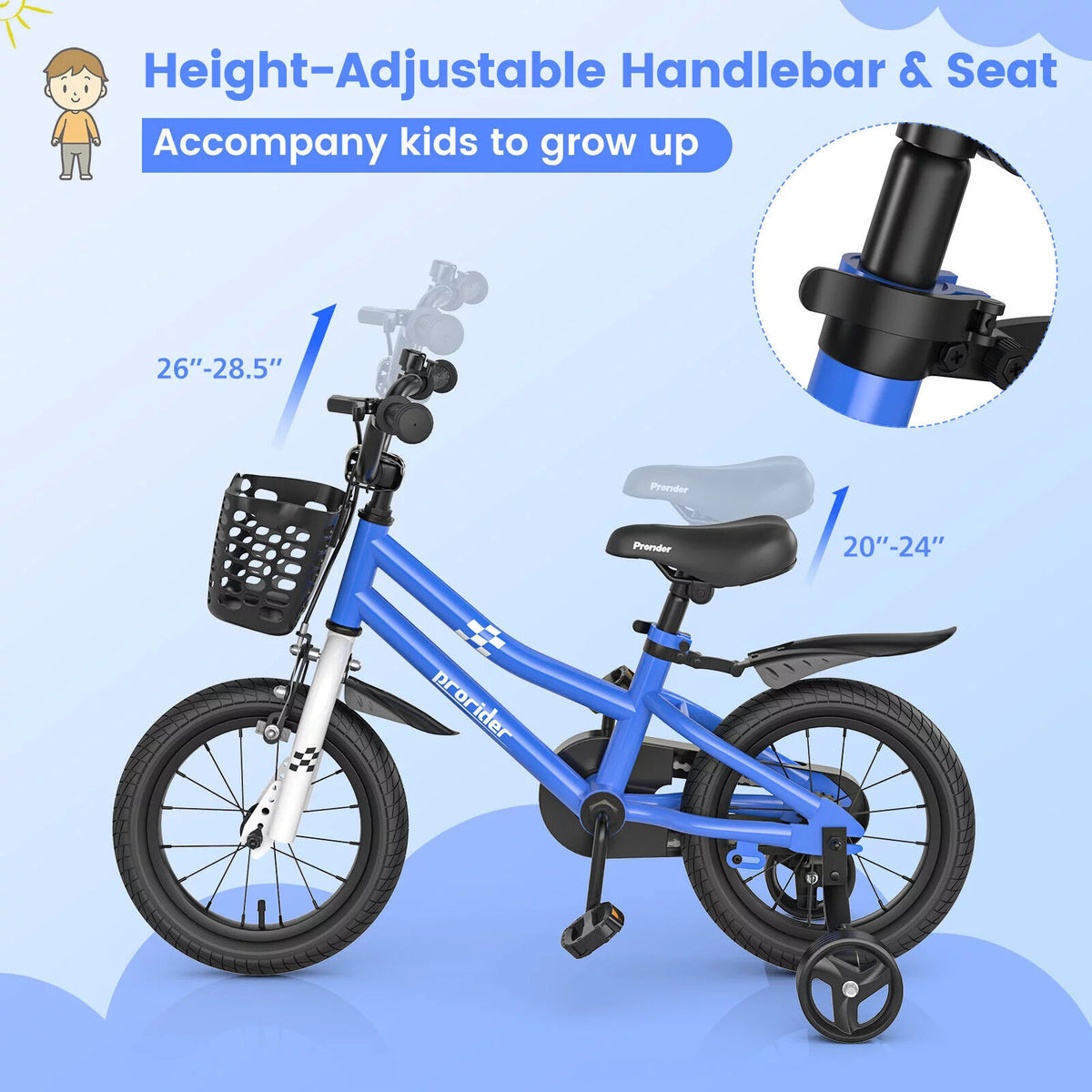 14 Kid's Bike with Training Wheels and Basket, Blue H608993