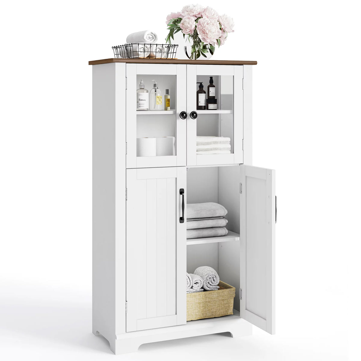 White Wood Bathroom Cabinet with Glass Doors and Adjustable Shelves S64161