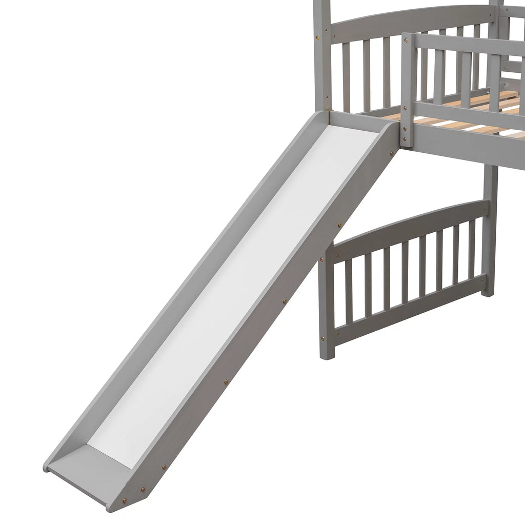 Gray Twin Wood Loft Bed with Slide and Ladder D7418