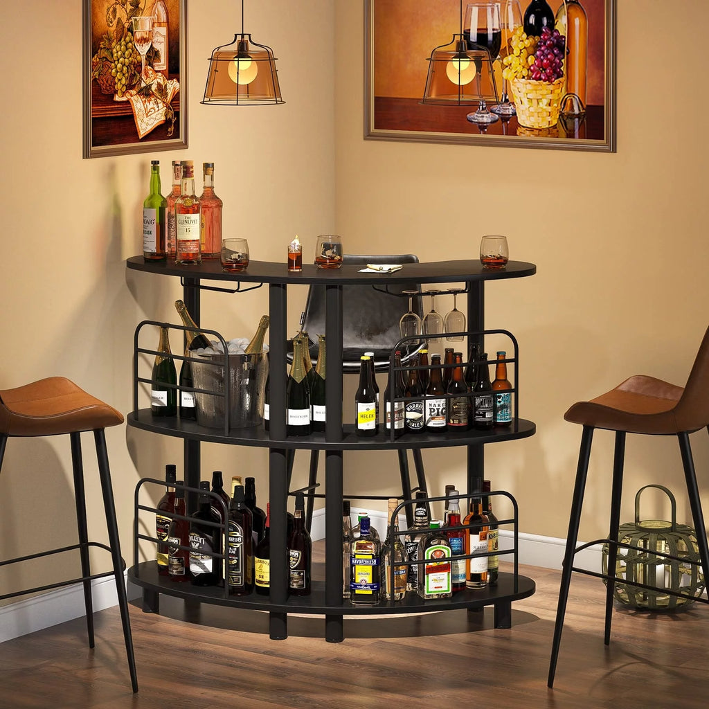 3 Tier Black Bar Cabinet with Storage Shelves E184