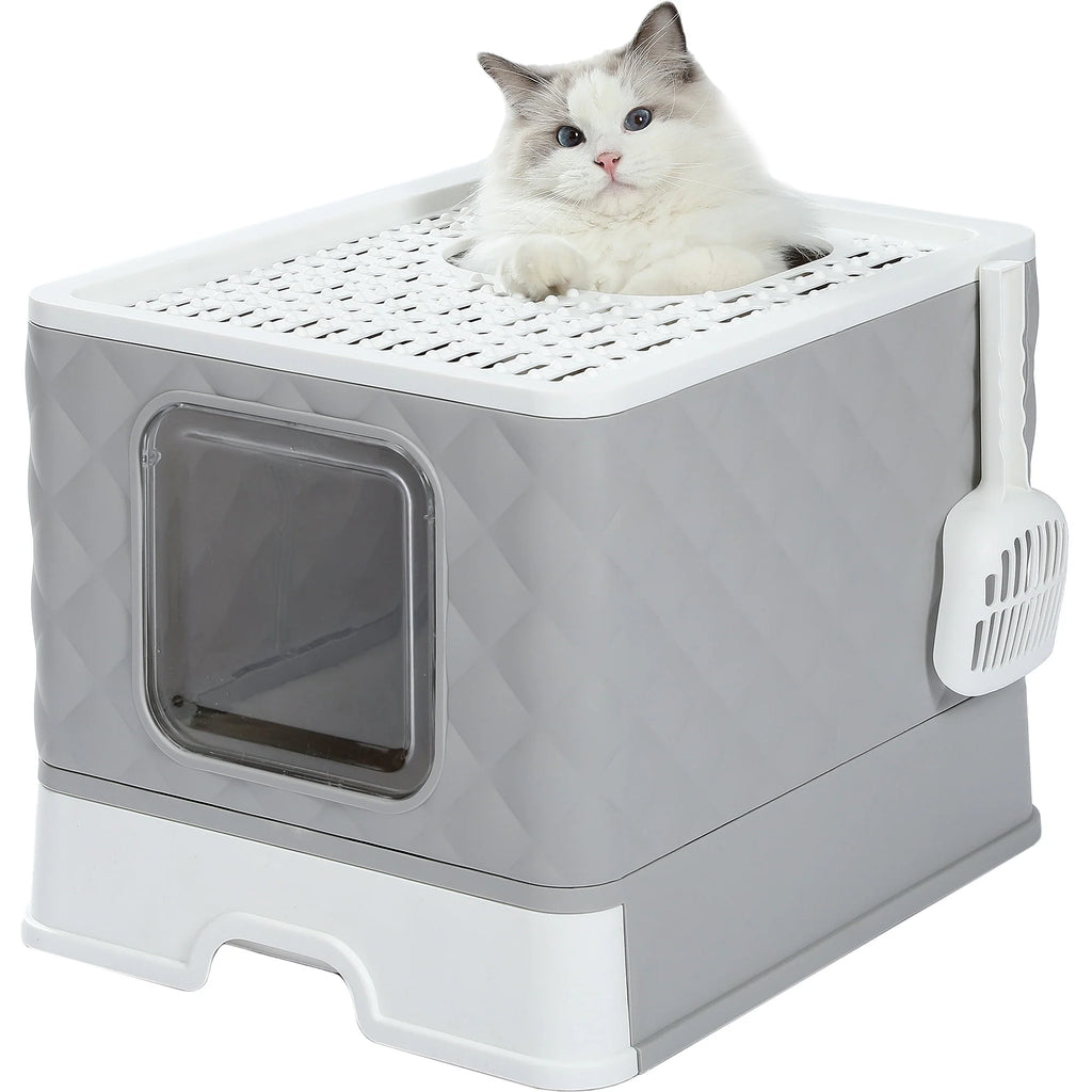 Enclosed Cat Litter Box with Lid Drawer Type Gray N2316