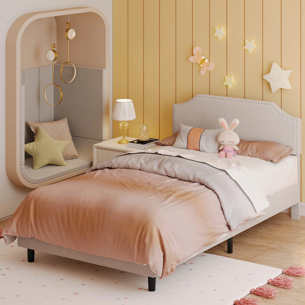 Upholstered Twin Bed Frame with Adjustable Headboard D1405
