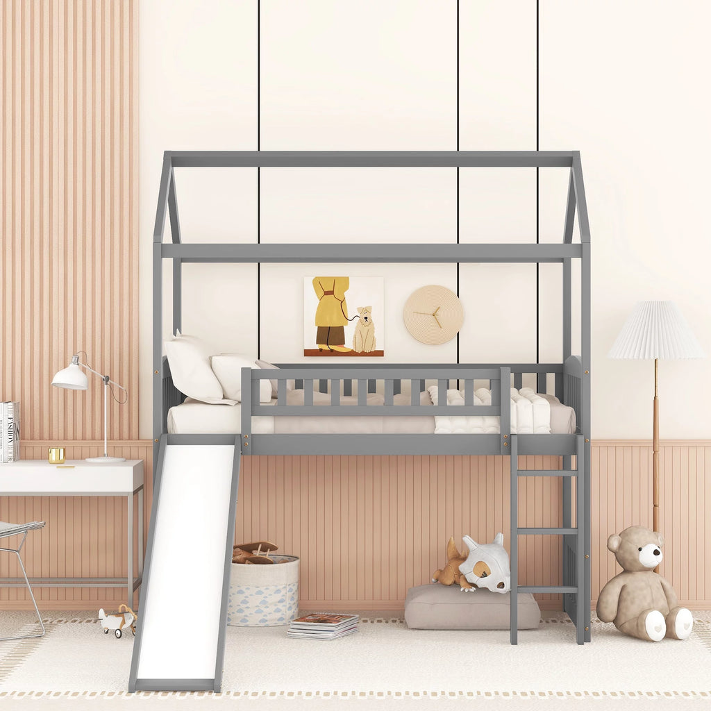 Gray Twin Wood Loft Bed with Slide and Ladder D7418