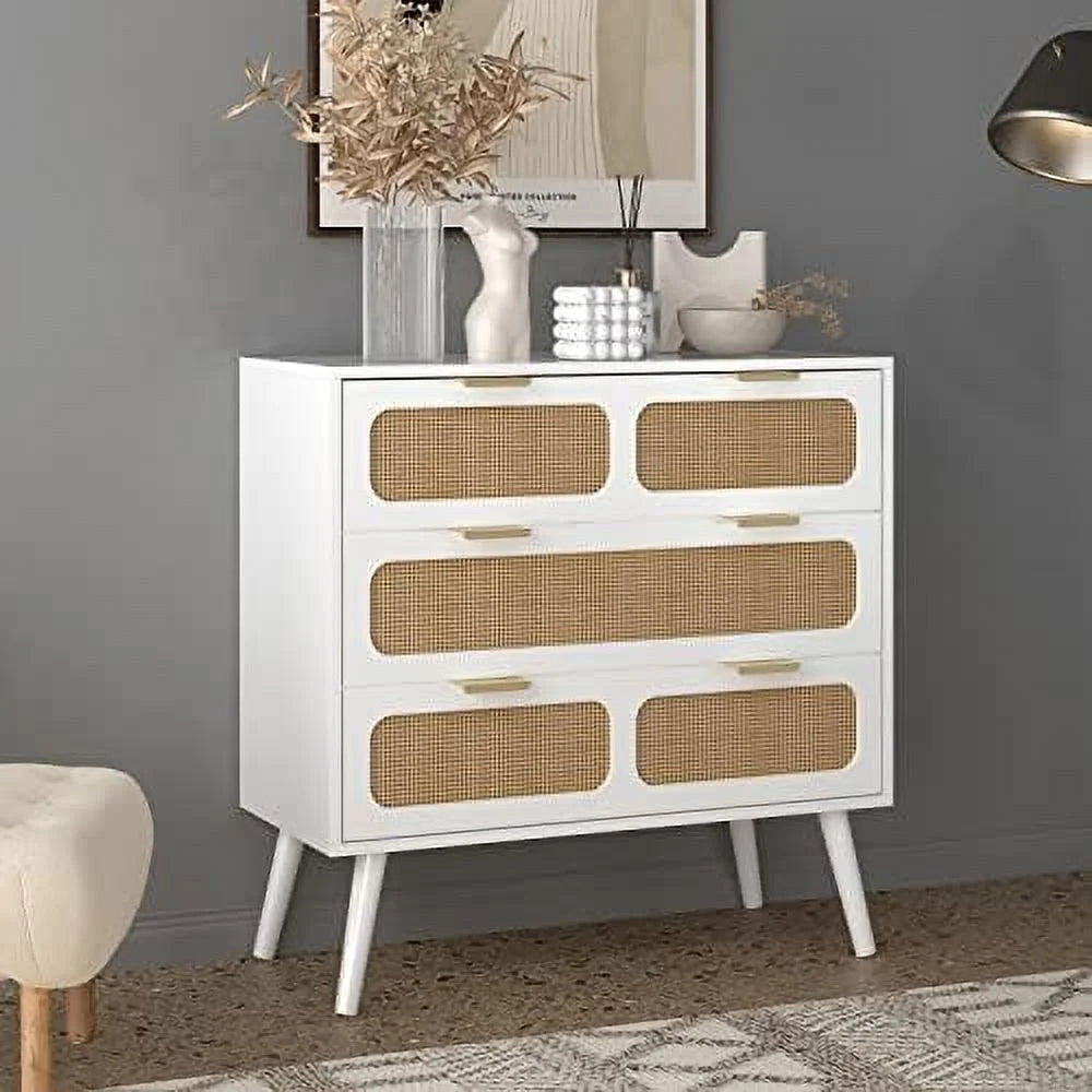 White 3 Drawer Rattan Wood Dresser F376