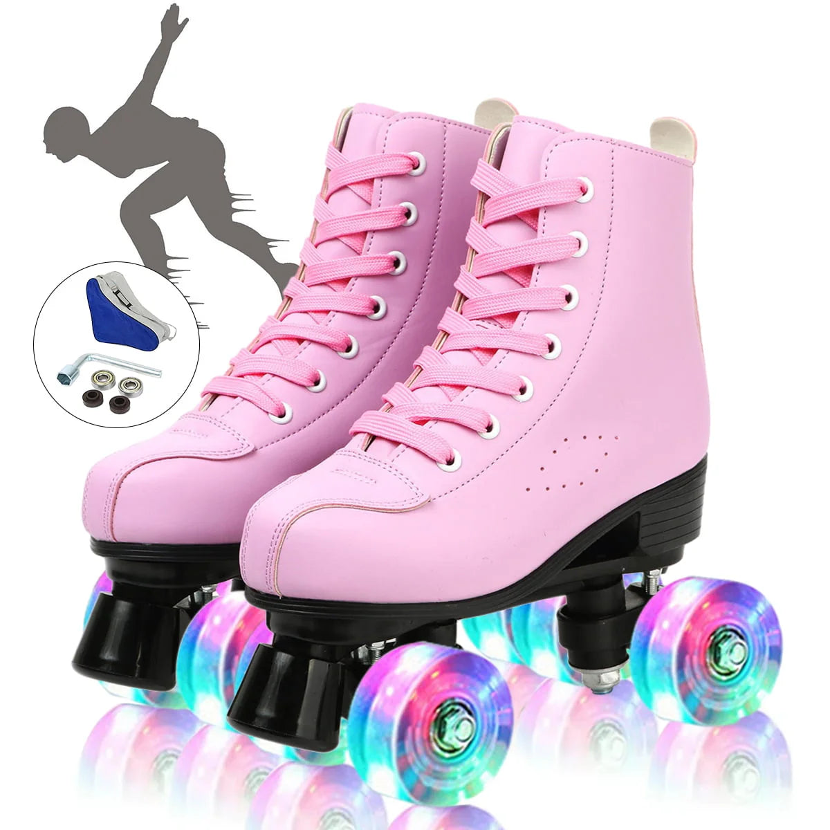 Flashing Wheels Leather Double-Row Roller Skates B58527