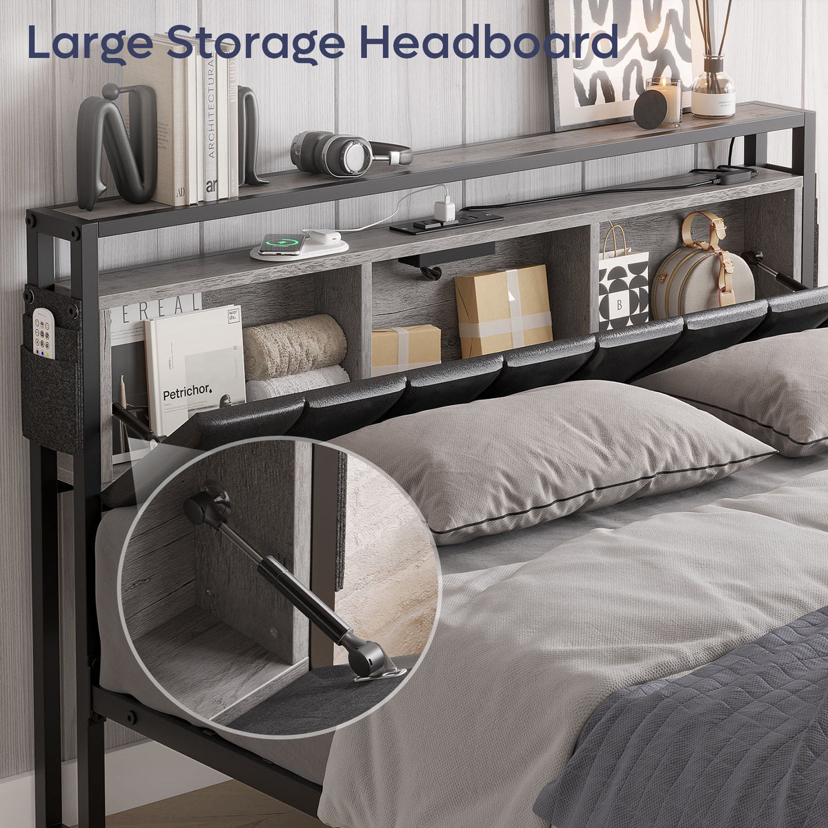 Queen Size Platform Bed Frame with Storage Headboard and 2 Drawers I62518