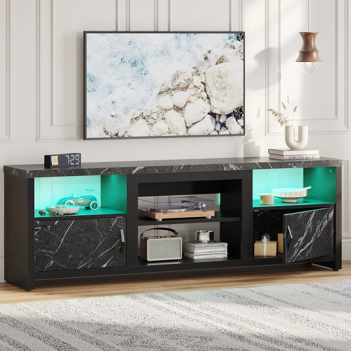 70 LED TV Stand with Cabinet & Open Shelves, Black Marble N87305