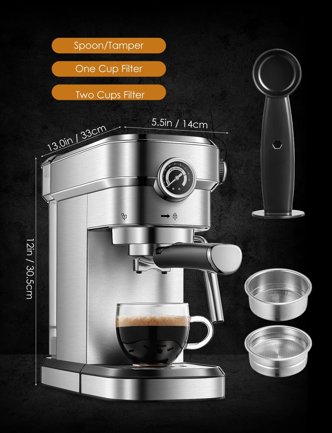 15 Bar Espresso and Cappuccino Maker with Milk Frother Wand Y6924