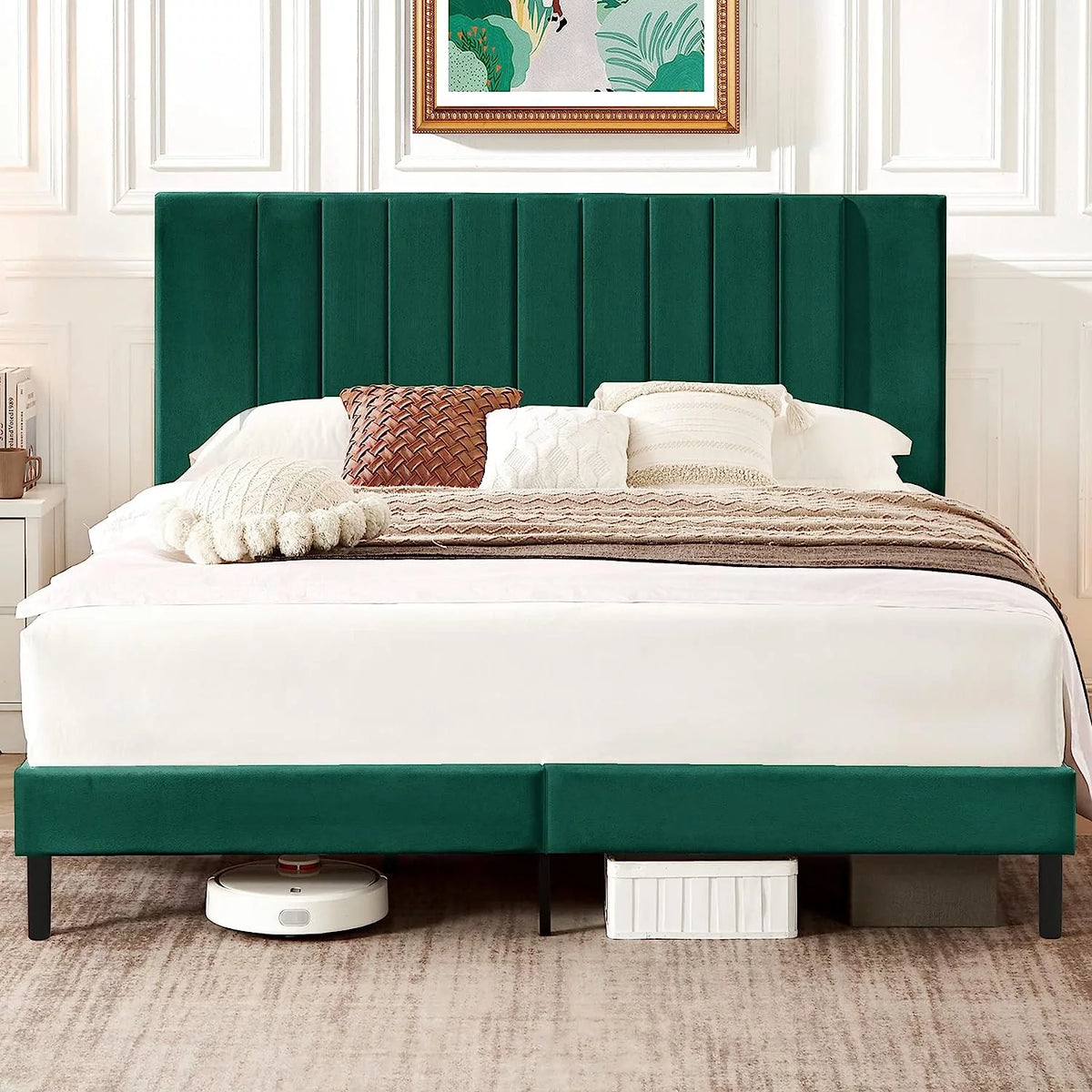 White Upholstered Full Size Bed Frame with High Headboard T47427
