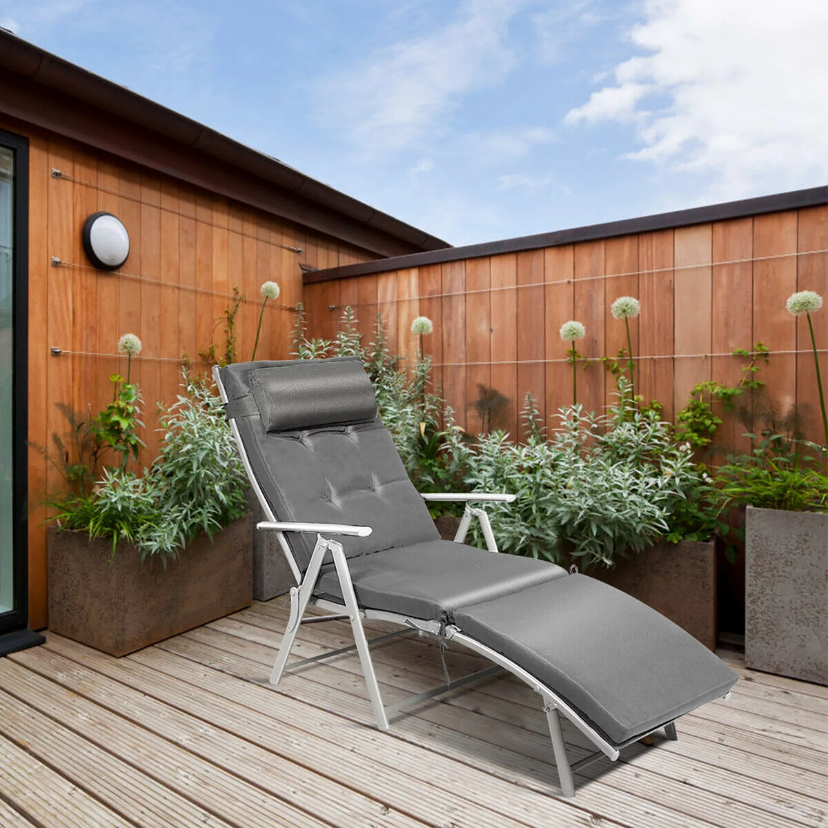 Black Outdoor Folding Chaise Lounge Chair with Cushion I9013