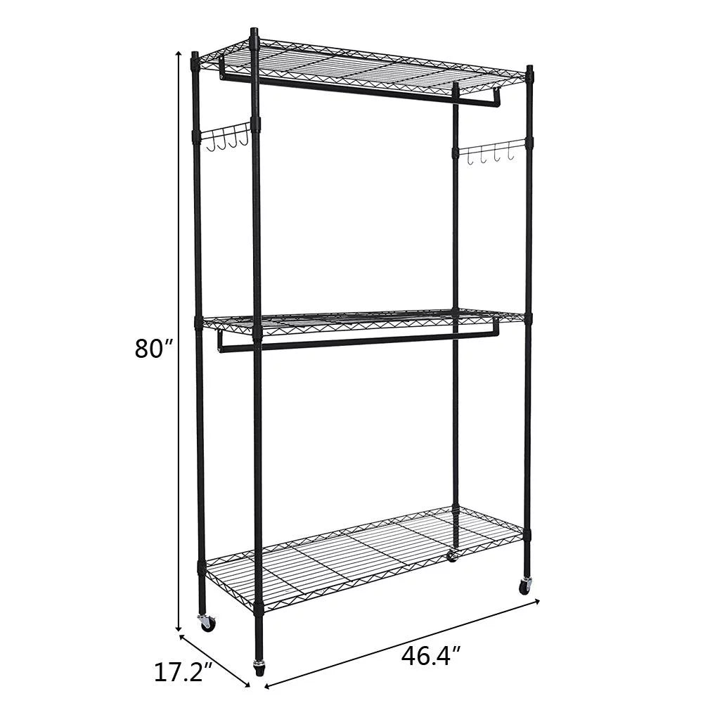 Black 2-Tier Rolling Garment Rack with Double Clothes Rod J91773