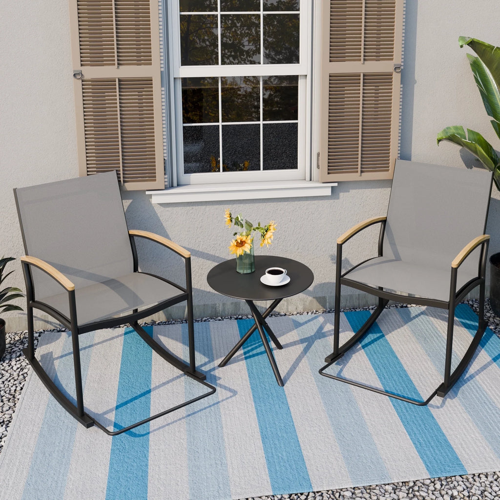 3 Pieces Patio Set Rocking Bistro Textilene Chair Black I3325