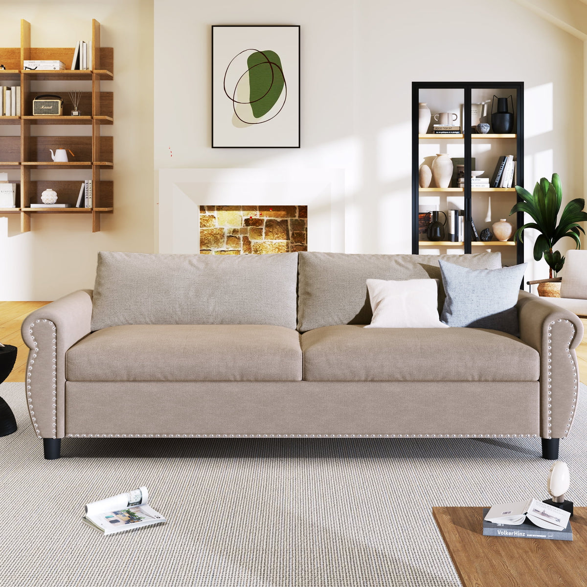 80.7 Pull Out Sofa Bed 2-in-1 Convertible Sleeper Couch with 3 Memory Foam Mattress Beige Full Size J94557