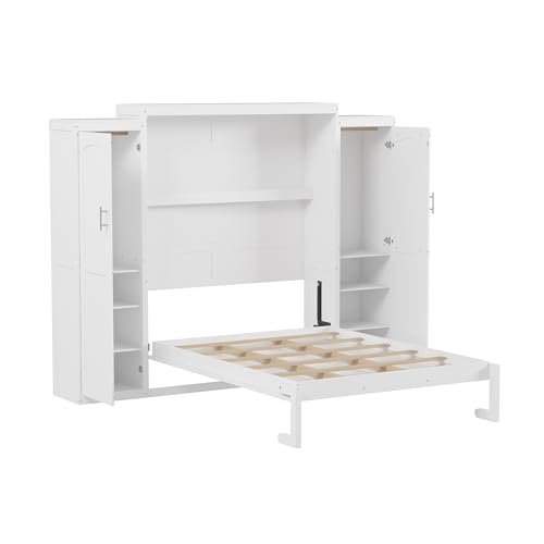 Queen Murphy Bed with 2 Wardrobes and Storage Shelf White Z70358