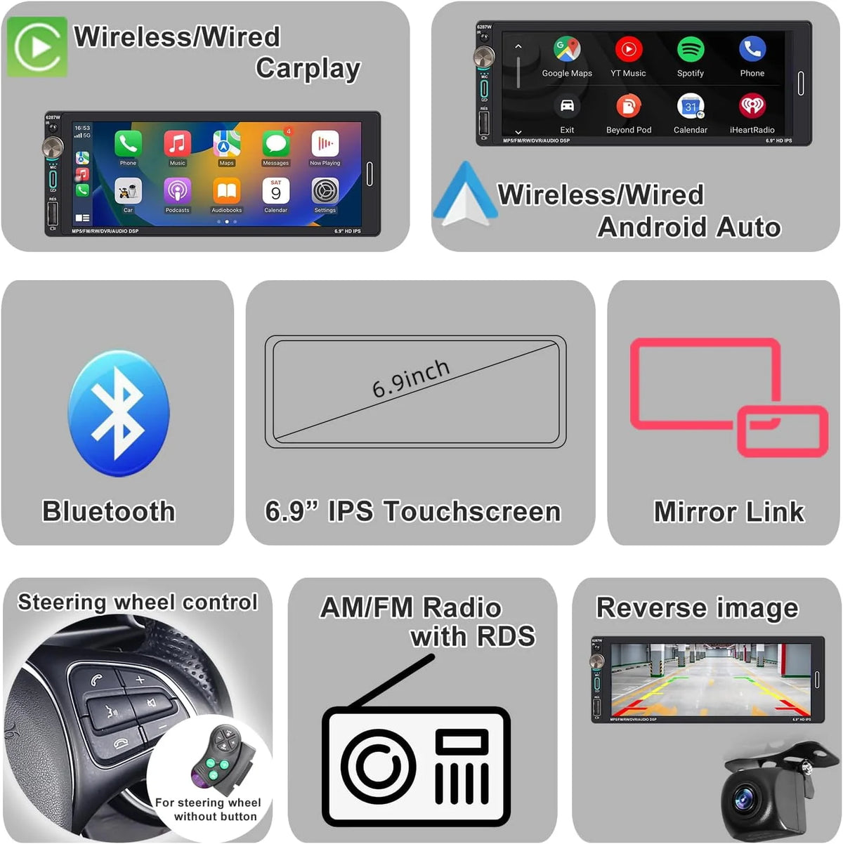 Single Din Car Stereo with Apple CarPlay Android Auto 6.9 inch Touchscreen Bluetooth P466