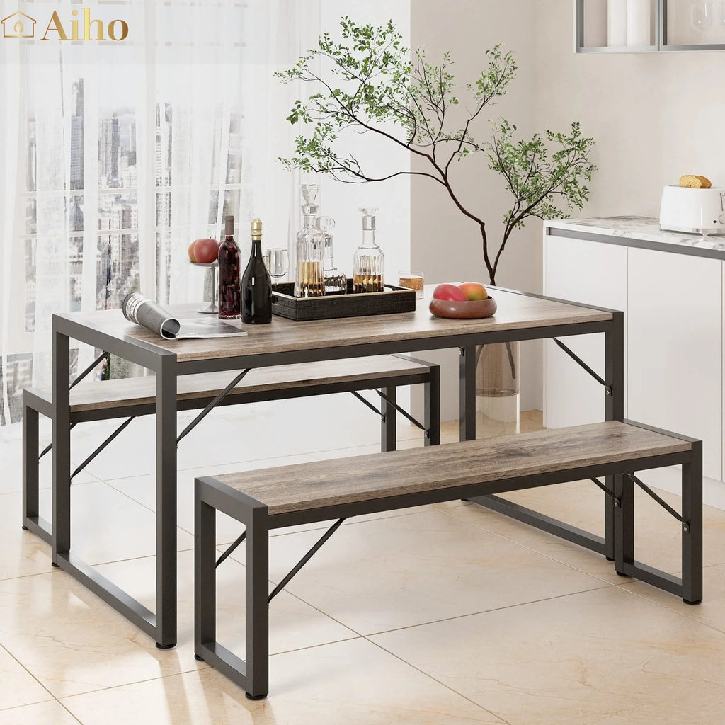 Gray Dining Table Set for 4 with 2 Benches D70739