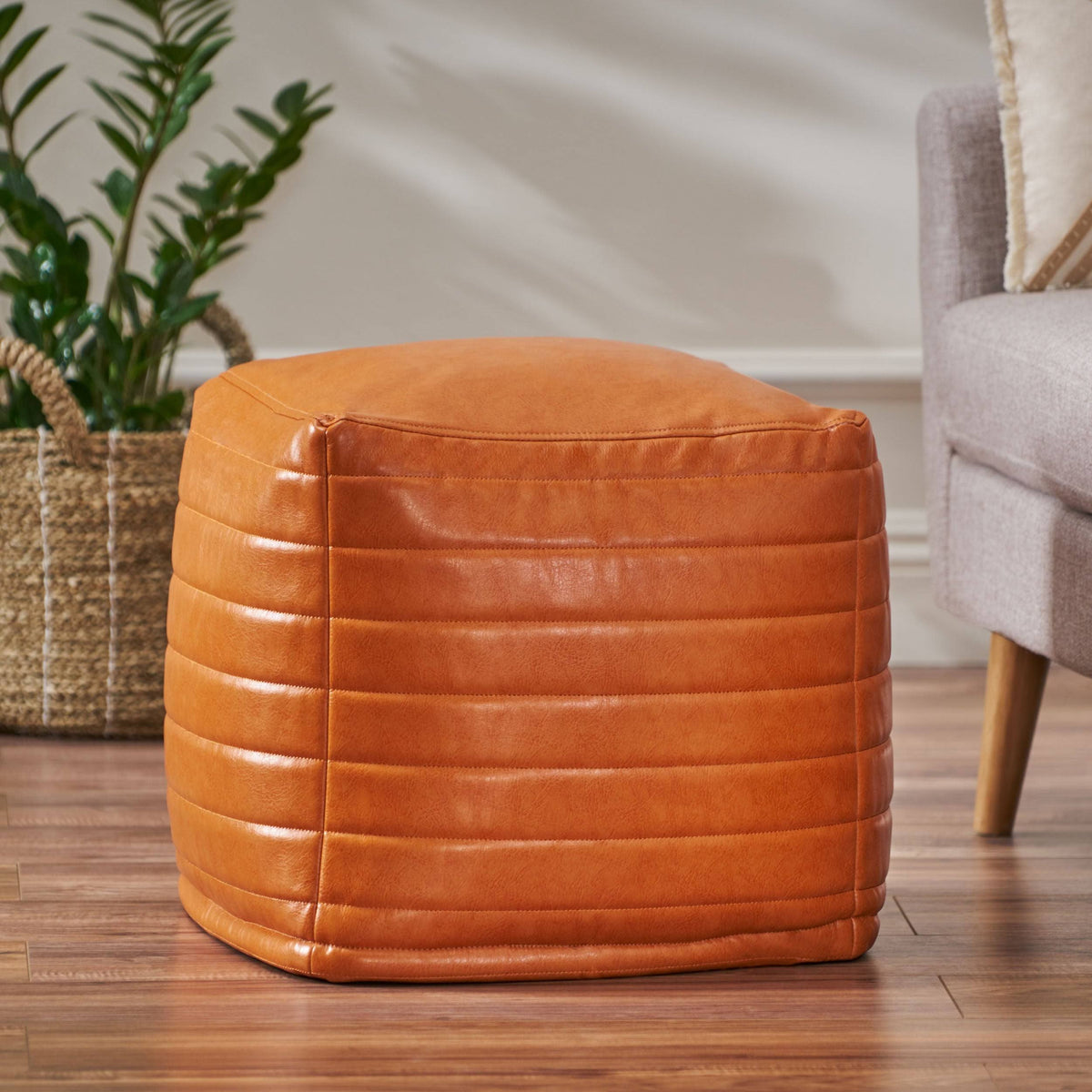 Caramel Faux Leather Cube Pouf O34604