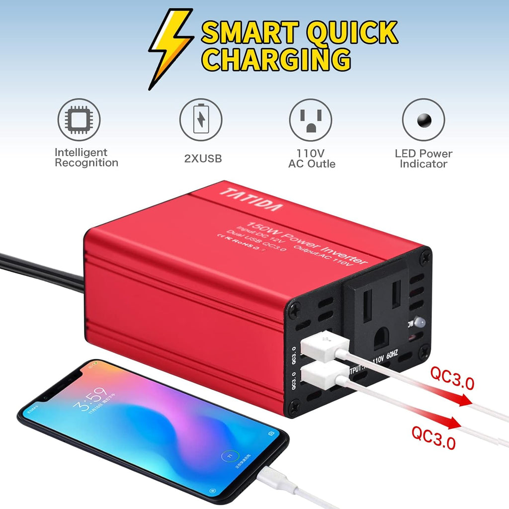 150W Car Power Inverter Dual QC3.0 USB DC 12V to 110V AC Pack of 2 F162